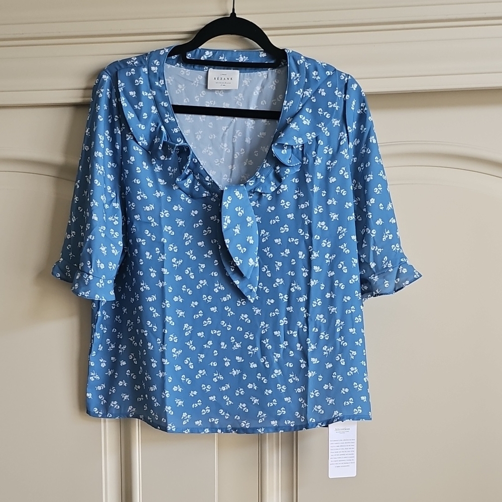 Sezane Blue Ruffled Sailor Collar Blouse